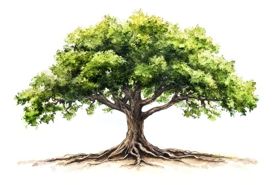 Watercolor painting of an oak tree with roots on a white background.