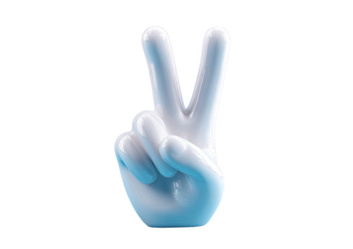 3D rendered, light-blue-white, stylized hand making a peace sign.  A highly detailed, glossy, digitally created hand, rendered in light pastel shades 