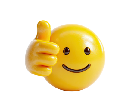 3D rendered emoji; a round, yellow face with a happy expression and a raised,  thumbs-up hand gesture - Powered by Adobe