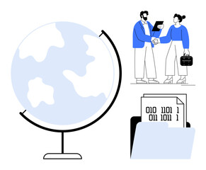 Earth globe, professionals shaking hands with documents, and binary-coded files in a folder. Ideal for globalization, partnerships, technology, data sharing, collaboration, innovation