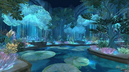Glowing Fantasy Forest Pond Landscape