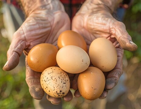 Hands holding a collection of eggs outdoors