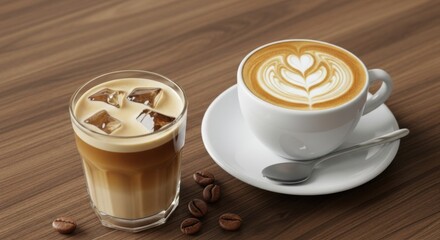 Two delicious coffee drinks on a wooden table with coffee beans