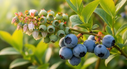 Ripe and unripe blueberries on a bush branch, bathed in sunlight.
