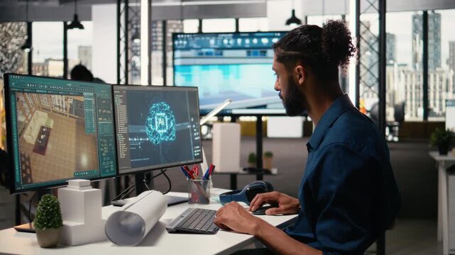 Property developer analyzing real estate projects with AI driven data science, predictive analytics and algorithms to optimize housing layouts or zoning regulations. Master plans. Camera A. - Powered by Adobe