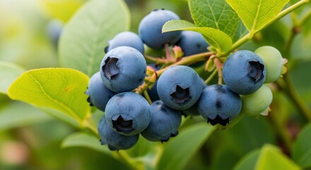 A vibrant cluster of ripe blueberries growing on a green bush with lush leaves.
