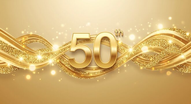 Golden 50th anniversary celebration design with sparkling glitter waves and shining light effects, symbolizing milestone achievement, jubilee, and festive elegance.