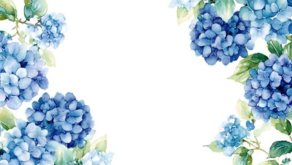 Watercolor blue hydrangea frame, white background, cute style, hand-drawn 
