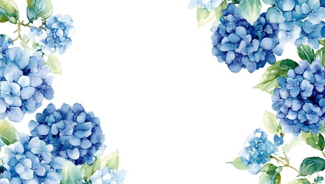 Watercolor blue hydrangea frame, white background, cute style, hand-drawn 