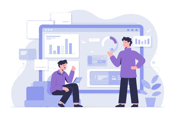 Business analytics illustration of data analysis and teamwork with a computer
