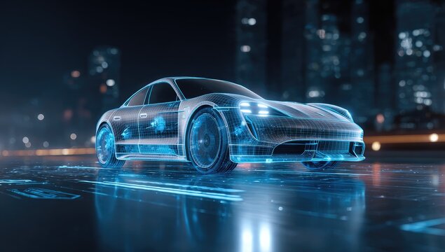 Futuristic electric vehicle model displayed on a city street at night