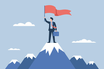 Success concept: Businessman on the peak of the mountain holding a winning flag