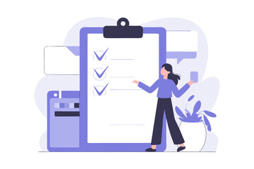 Woman with checklist and phone stands near potted plant and business objects