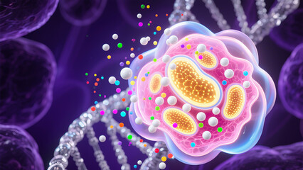 Obraz premium Colorful particles surround cells and have DNA structure, embodying the concept of cellular level diverse nourishment and technological revitalization in beauty care products. 