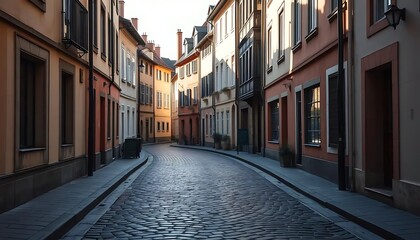 Cobblestone street winds through a charming european town with colorful buildings and warm sunlight
