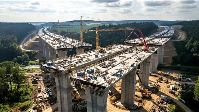 Bridge construction project with multiple spans over a forested valley concrete pillars cranes and construction materials visible