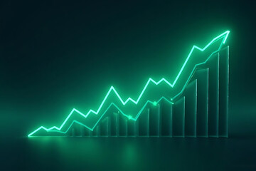 Dynamic neon green glowing line graph and bar chart depicting upward financial market trend and business success on a dark reflective surface, symbolizing economic prosperity and data-driven growth