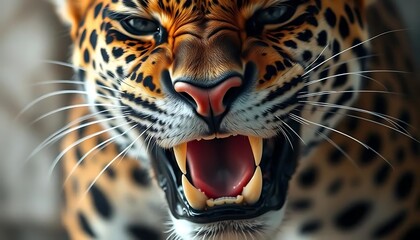 Naklejka premium Intense closeup of a snarling jaguar showing its teeth displaying raw power and aggression