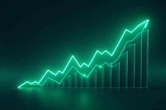 Dynamic neon green glowing line graph and bar chart depicting upward financial market trend and business success on a dark reflective surface, symbolizing economic prosperity and data-driven growth