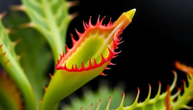 Close up of a vibrant venus flytrap with red teeth against a dark background in sharp focus