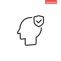 Single black head with shield line icon, simple mental health flat design vector pictogram, infographic interface elements for app logo web button ui ux isolated on white background