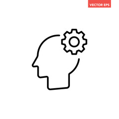 Black single gear in head line icon, simple logic thinking flat design vector pictogram, infographic interface elements for app logo web button ui ux isolated on white background