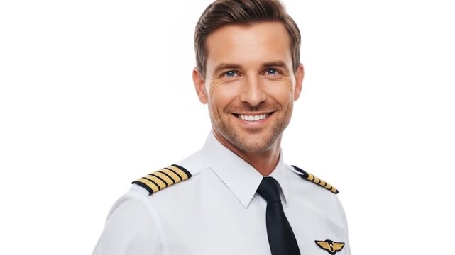 Confident Airline Pilot Smiling in Uniform Holding Hat in Studio Video Portrait