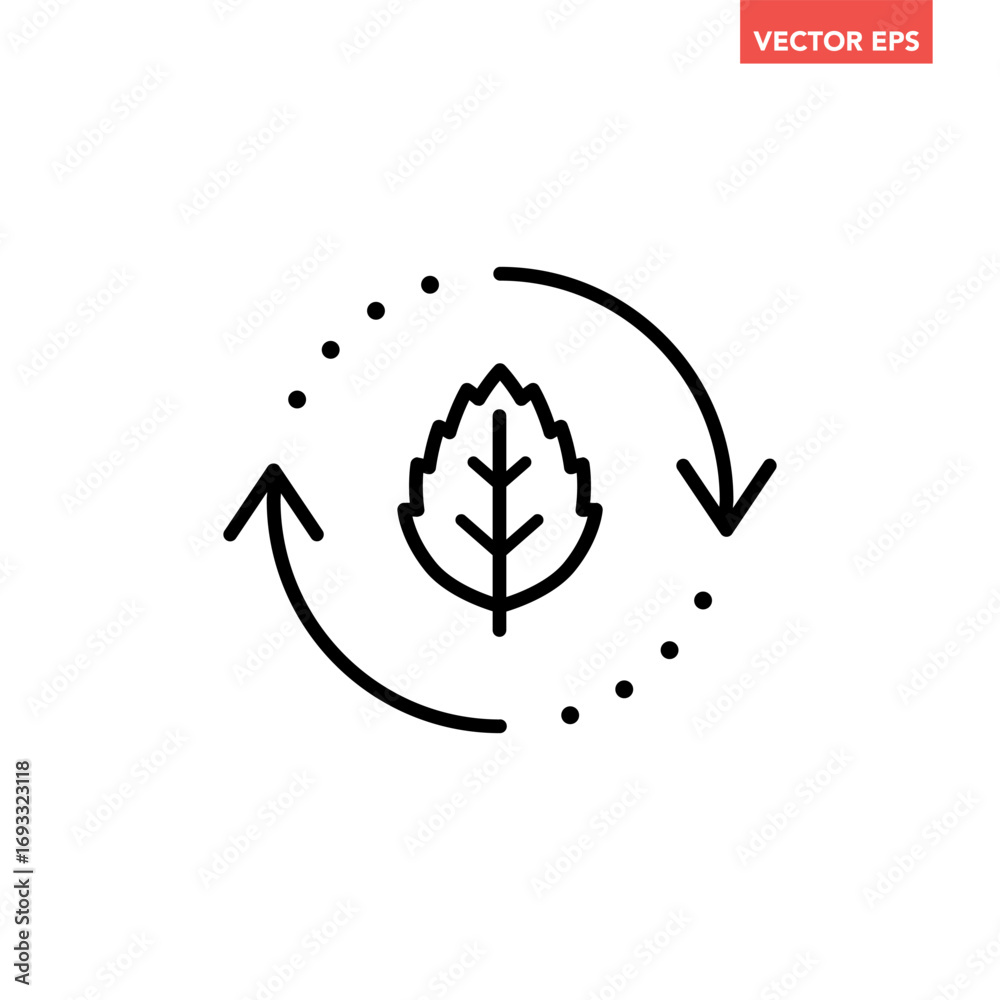 Wall mural black single organic recycle line icon. simple round leaf ecology circle flat design vector pictogra