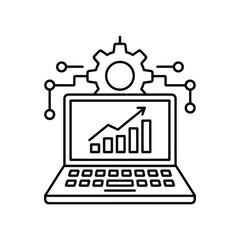 Laptop with growth chart and gear icon representing data analysis and technology