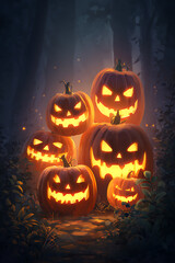 A spooky Halloween scene featuring glowing jack-o'-lanterns stacked in a dark forest