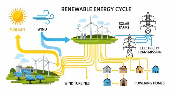 Illustration depicting the renewable energy cycle, showing sunlight and wind powering wind turbines and solar farms, which then transmit electricity to homes.