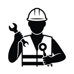 Silhouette of a construction worker holding wrenches and wearing a hard hat and vest