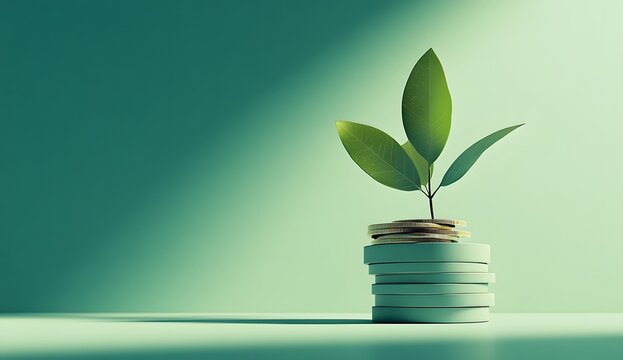 Restaurant business growth concept with coins and a plant growing on the money stack, on a green background for a financial site background