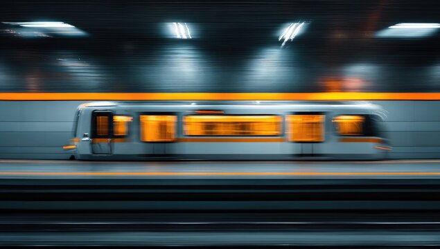 A fast-moving subway train in a dark tunnel - Powered by Adobe