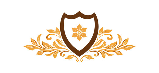 Gold ornate shield design with floral accents