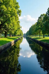 Obraz premium Serene view of a lock on a tranquil inland waterway, reflecting the surrounding trees and sky Ideal for travel, nature, and peaceful settings imagery , water transport, trees