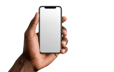 A hand holds a smartphone, blank screen