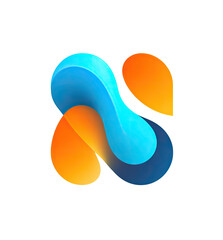 Abstract logo;  intertwined, fluid shapes in orange and turquoise blue;  dark navy blue accents;  pixelated edge effect