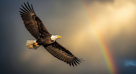 Obraz premium Bald Eagle soars majestically against a backdrop of rainbow and