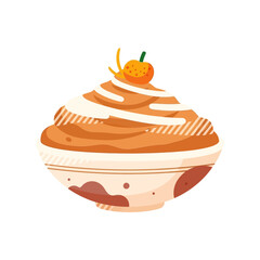 vector illustration of a pumpkin spice trifle dessert with whipped cream and a cherry for a layered Thanksgiving holiday treat.