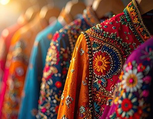 Colorful Embroidered Garments Hanging in a Row