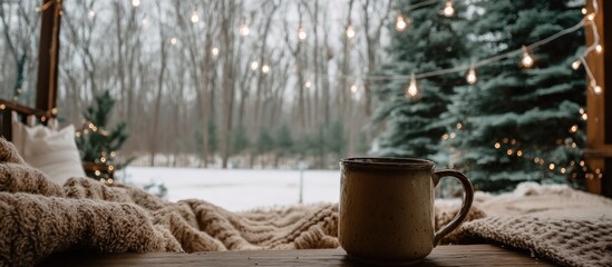 Cozy winter scene a warm mug sits on a wooden surface draped with a knit blanket, overlooking a snowy backyard adorned with string lights illuminating a frosted evergreen and leafless trees