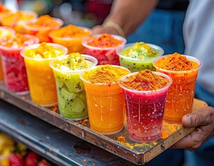 Colorful Fruit Cups on Wooden Tray