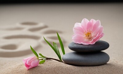 Find inner peace with stacked stones, delicate pink flowers, and calming zen garden sand patterns