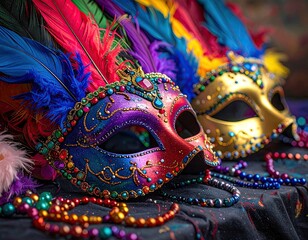 Colorful Masks and Beads on Dark Background