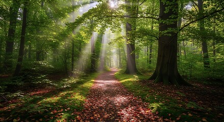 Obraz premium A Serene Forest Path Illuminated By Golden Sunbeams Streaming Through Lush Green Leaves And Towering Trees. The Ground Is Covered With Moss And Fallen Leaves.