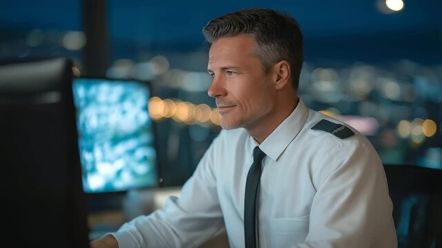 Security Guard Monitoring Surveillance in Dimly Lit Room