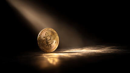 Bitcoin coin illuminated by soft light in a dark setting showcasing cryptocurrency's identity and value