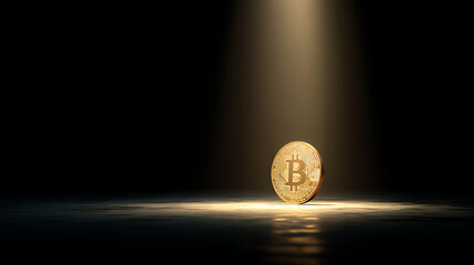 Golden bitcoin coin illuminated in dark room highlighting cryptocurrency's value and significance in modern finance