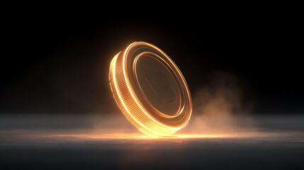 Brightly lit coin spinning on a dark surface creates an engaging visual display of motion and light